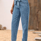 LUNE Pantalones Jeans casuales y conicos para mujer con cintura de bolsa de papel, cinturon y bolsillos