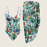 Swim Oasis Traje de bano de una pieza con aros y estampado tropical para mujer con conjunto de falda para cubrir