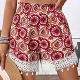 LUNE Shorts de mujer de corte holgado con estampado floral y ribete de encaje con lazo en la cintura, perfectos para vacaciones
