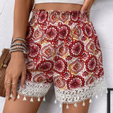 LUNE Shorts de mujer de corte holgado con estampado floral y ribete de encaje con lazo en la cintura, perfectos para vacaciones