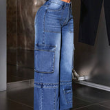 ICON Jeans elegantes de pierna ancha para mujer con multiples bolsillos y efecto lavado