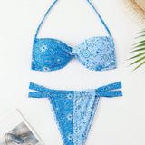 VCAY Conjunto de bikini sexy de verano para mujer con estampado geometrico y cuello halter, impresion aleatoria