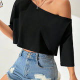 Top corto casual de mujer con cuello asimetrico y unicolor para el verano