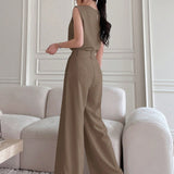 DAZY Conjunto de 2 piezas de moda para mujer con top sin mangas con aberturas laterales y pantalones anchos