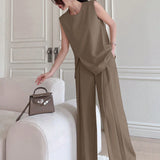 DAZY Conjunto de 2 piezas de moda para mujer con top sin mangas con aberturas laterales y pantalones anchos