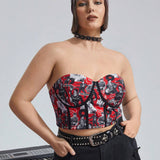 Elvis Presley   Crop top bustier estilo retro de a grande con impresion de retrato en vinilo sey, ribete de contraste para verano