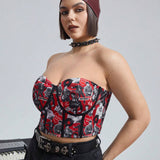 Elvis Presley   Crop top bustier estilo retro de a grande con impresion de retrato en vinilo sey, ribete de contraste para verano