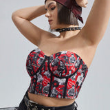 Elvis Presley   Crop top bustier estilo retro de a grande con impresion de retrato en vinilo sey, ribete de contraste para verano