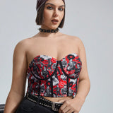 Elvis Presley   Crop top bustier estilo retro de a grande con impresion de retrato en vinilo sey, ribete de contraste para verano