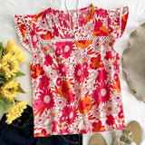 Blusa de manga corta con estampado floral para vacaciones de verano de mujer con cuello en V enado y mangas con solapa