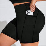 Shorts de mujer de talla grande de unicolor con bolsillos, adecuados para yoga, fitness, running y ciclismo, shorts de ciclista