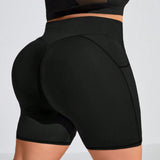 Shorts de mujer de talla grande de unicolor con bolsillos, adecuados para yoga, fitness, running y ciclismo, shorts de ciclista