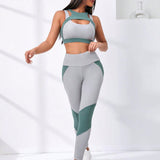 Sport Lifespree 2 piezas Conjunto de gimnasio traje de yoga fitness suave Top con abertura de dos colores con leggings de cintura ancha