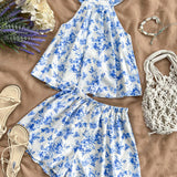 WYWH Conjunto de top y shorts holgados estilo vacacional de mujer con estampado floral en azul y blanco, con cuello halter, perfecto para la temporada de graduaciones y bodas