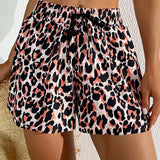 Pantalones cortos con cordon y estampado de leopardo para mujer, estilo scrunch butt, fondo de traje de bano bikini para playa de verano