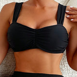 Swim Top de bikini negro con volantes para playa en verano