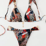 Conjunto de bikini sexy con estampado de leopardo para mujer, ideal para verano en la playa, estampado al azar