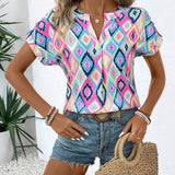 Camisa estampada de verano con cuello en V para mujer, con muescas, ideal para conjuntos combinados de vacaciones