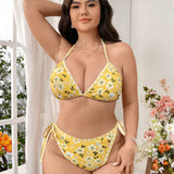 Conjunto de bikini de talla grande con estampado floral, cuello halter, espalda descubierta y cierre de corbata para la espalda para vacaciones en la playa