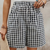 EMERY ROSE Shorts de mujer con estampado de cuadros y cordon ajustable con bolsillos, ideal para uso casual en verano