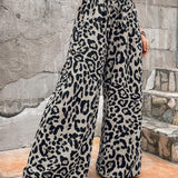 LUNE Pantalones anchos extremadamente sueltos con estampado de leopardo, cinturon anudado, cintura fruncida y bolsillos