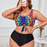 Conjunto de bikini de dos piezas de leopardo para mujer de talla grande, atractivo para verano en la playa con nudos frontales