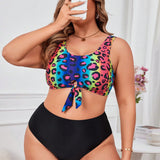 Conjunto de bikini de dos piezas de leopardo para mujer de talla grande, atractivo para verano en la playa con nudos frontales