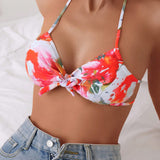 Swim Vcay Bikini halter sexy con estampado floral y lazo frontal para mujer para vacaciones en la playa