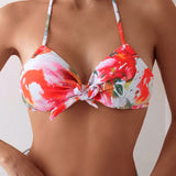 Swim Vcay Bikini halter sexy con estampado floral y lazo frontal para mujer para vacaciones en la playa