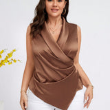 Clasi Blusa elegante de a grande de unicolor para verano con cuello chal, dobladillo asimetrico y sin mangas