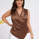 Clasi Blusa elegante de a grande de unicolor para verano con cuello chal, dobladillo asimetrico y sin mangas