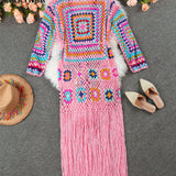 Vestido largo hecho a mano tipo kimono boho rosa con flecos de ganchillo para mujeres, ideal para usar en vacaciones y con estilo marroqui, diseno calado