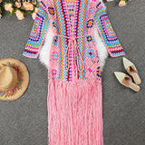 Vestido largo hecho a mano tipo kimono boho rosa con flecos de ganchillo para mujeres, ideal para usar en vacaciones y con estilo marroqui, diseno calado
