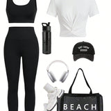 Conjunto deportivo de 3 piezas en blanco con camiseta de manga corta + camiseta de tirantes sin mangas negra + leggings