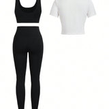 Conjunto deportivo de 3 piezas en blanco con camiseta de manga corta + camiseta de tirantes sin mangas negra + leggings