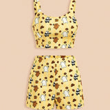 We Bare Bears X  Conjunto de 2 piezas de ropa de verano con top corto tipo cami y shorts con patron de oso amarillo de dibujos animados