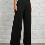 PETITE Pantalones de pierna ancha negros con costura de cintura superpuesta para la primavera/verano