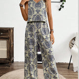 VCAY Conjunto de top y pantalones de mujer con estampado floral retorcido
