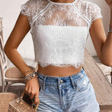 Frenchy Blusa de encaje blanco para mujer de verano