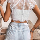 Frenchy Blusa de encaje blanco para mujer de verano