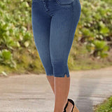 Jeans casuales ajustados estilo Capri con botones para mujer