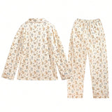 Conjunto de pijama de fiesta para mujer en color albaricoque de 2 piezas con boton de un solo pecho, estampado de perro lindo, mangas largas y pantalones sueltos, adecuado para uso en el hogar
