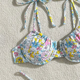 Swim Mod Conjunto de bikini sexy para mujer con estampado floral de playa de verano, hombros subidos fruncidos y nudos (impresion aleatoria)