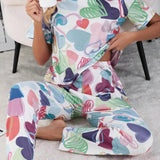 Conjunto de pijama primavera/verano para mujer de 2 piezas de unicolor simple con estampado de corazon, ropa para el hogar