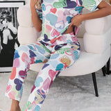 Conjunto de pijama primavera/verano para mujer de 2 piezas de unicolor simple con estampado de corazon, ropa para el hogar