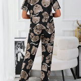 Conjunto de 2 piezas de ropa de dormir para mujeres en unicolor simples de primavera/verano con estampado de oso de peluche, ropa de hogar