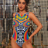 Swim Event Traje de bano de una pieza con estampado colorido para mujer, estilo de vacaciones