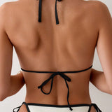 Swim Chicsea Traje de bano femenino con adorno de flor 3D, parte superior de bikini con ribete de color contrastante