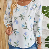 EMERY ROSE Camisa blanca casual con estampado de campo rural y manga media, versatil para mujeres