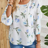 EMERY ROSE Camisa blanca casual con estampado de campo rural y manga media, versatil para mujeres